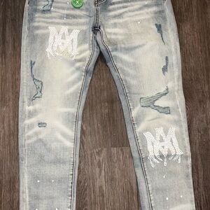 Amiri Blue Skinny Fit Jeans White Rhinestone